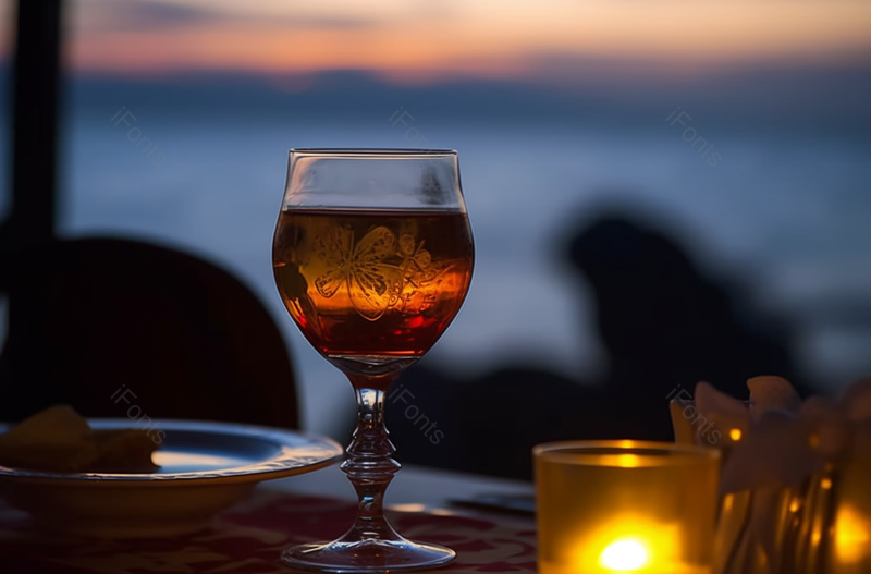 海边烛光晚餐美酒啤酒葡萄酒玻璃杯餐桌餐盘模糊的海洋背景图像摄影,高清,摄影图,摄影图片,图片大全,摄影图免费下载